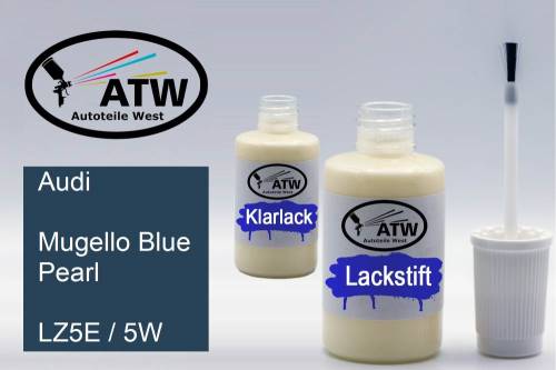 Audi, Mugello Blue Pearl, LZ5E / 5W: 20ml Lackstift + 20ml Klarlack - Set, von ATW Autoteile West.